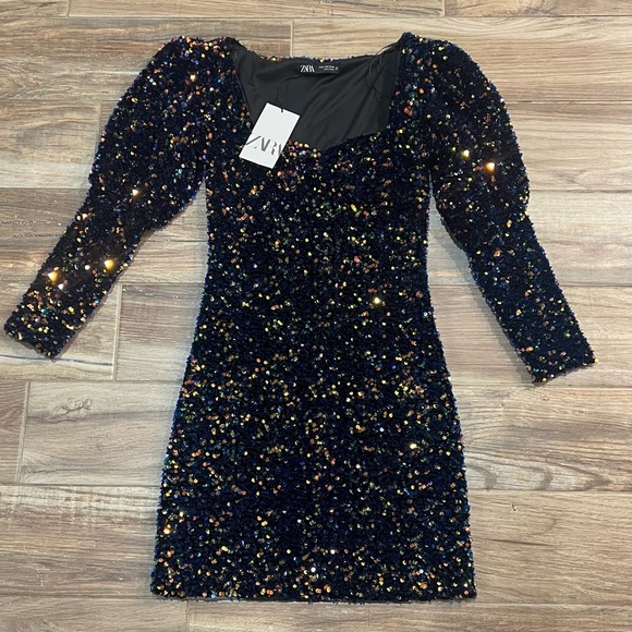 NWT Zara Sequin Metallic Velvet Puff Long Sleeve - Picture 1 of 4